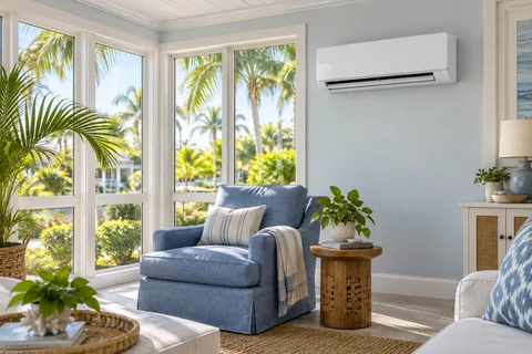 Ductless air conditioning in a bright sunroom