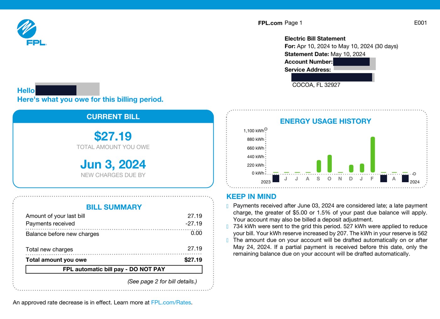 Florida Power and Light electric bill after a solar installation