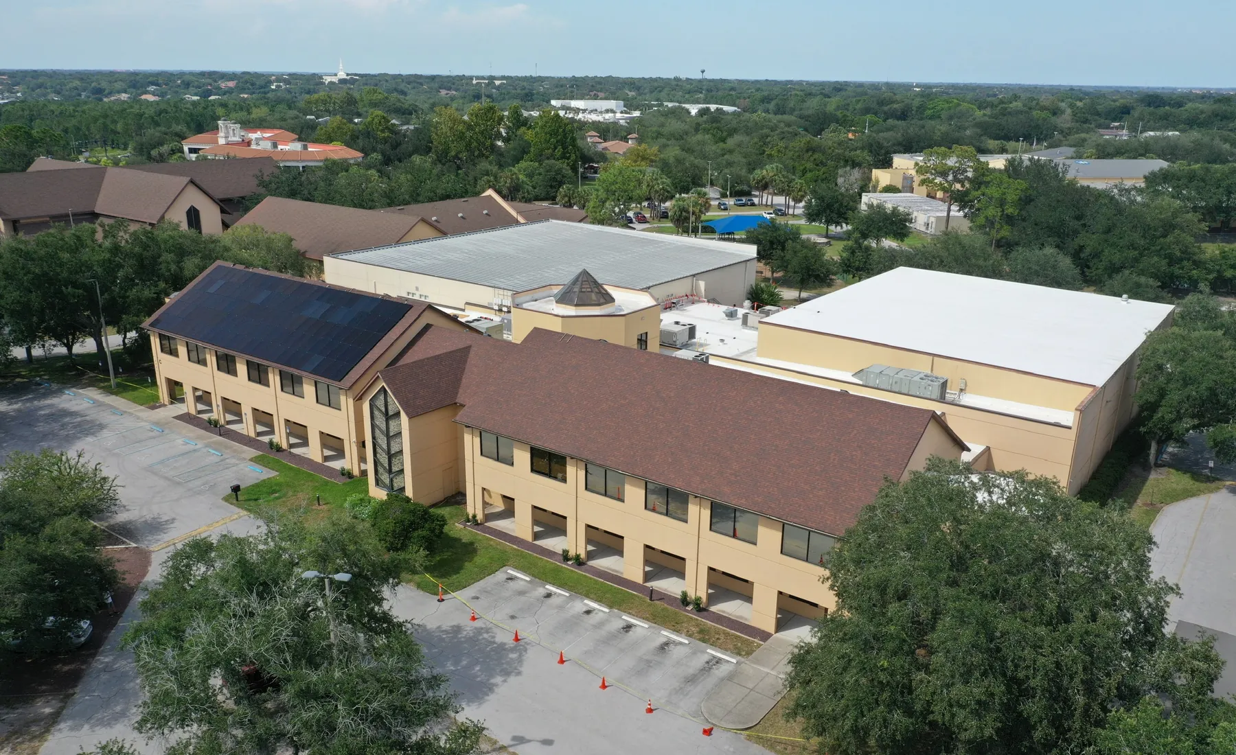 Aerial view of solar installation work underway at St. Luke's United Methodist Church