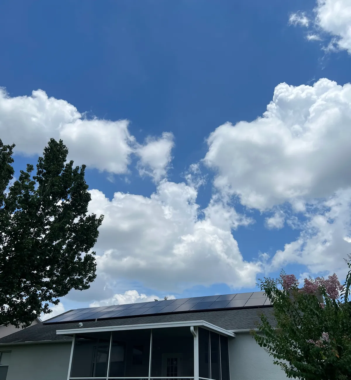 Backyard view of a completed all-black solar installation on a Central Florida home