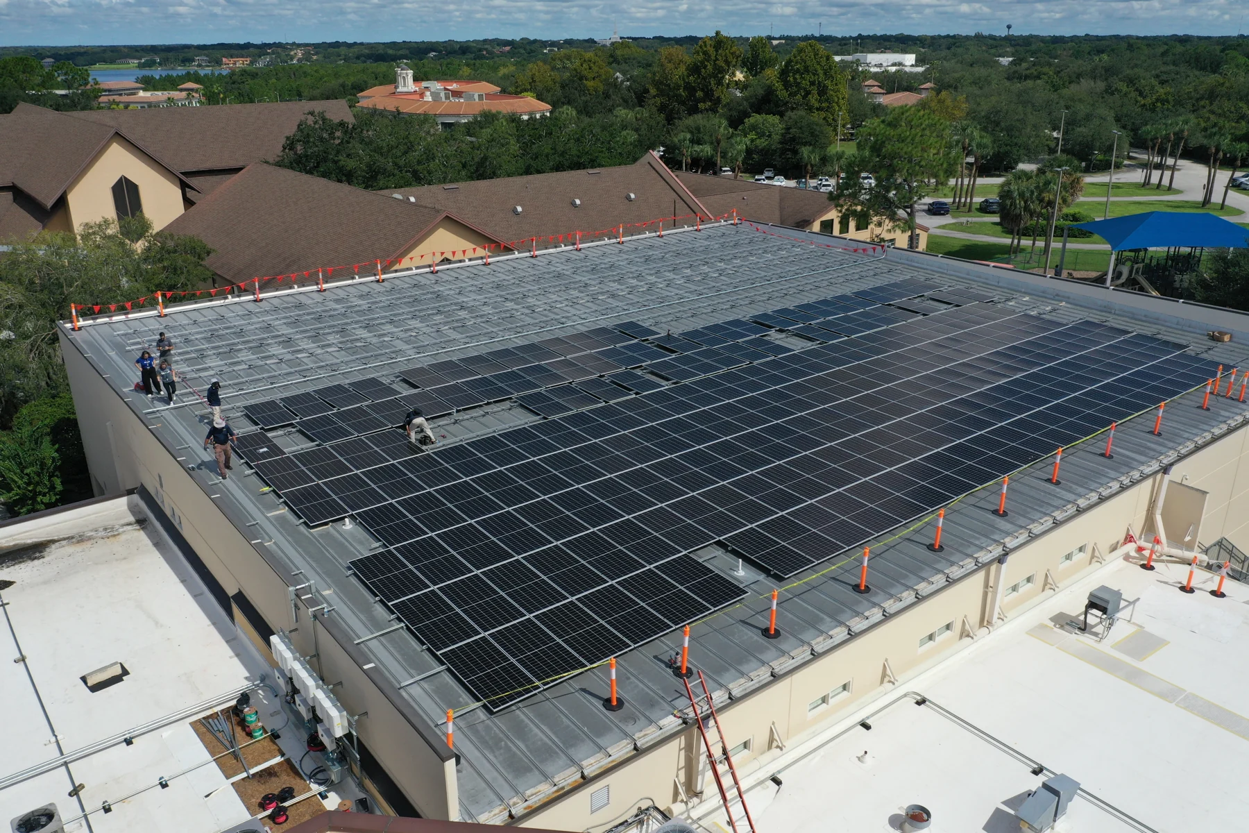 Aerial view of solar installation work underway at St. Luke's United Methodist Church